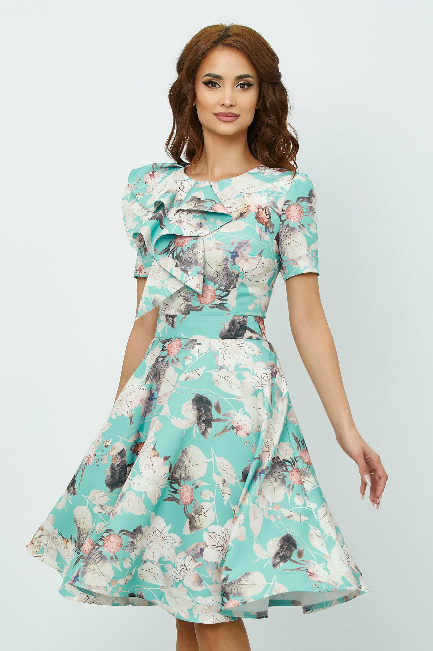Rochie mbg bleu cu imprimeu si volan la bust