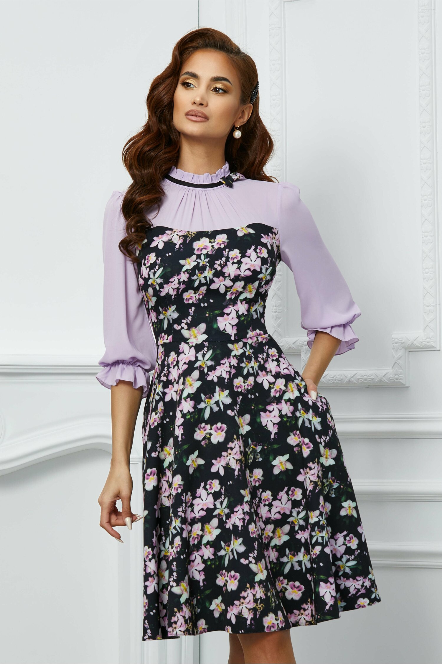 Rochie mbg neagra cu imprimeuri lila