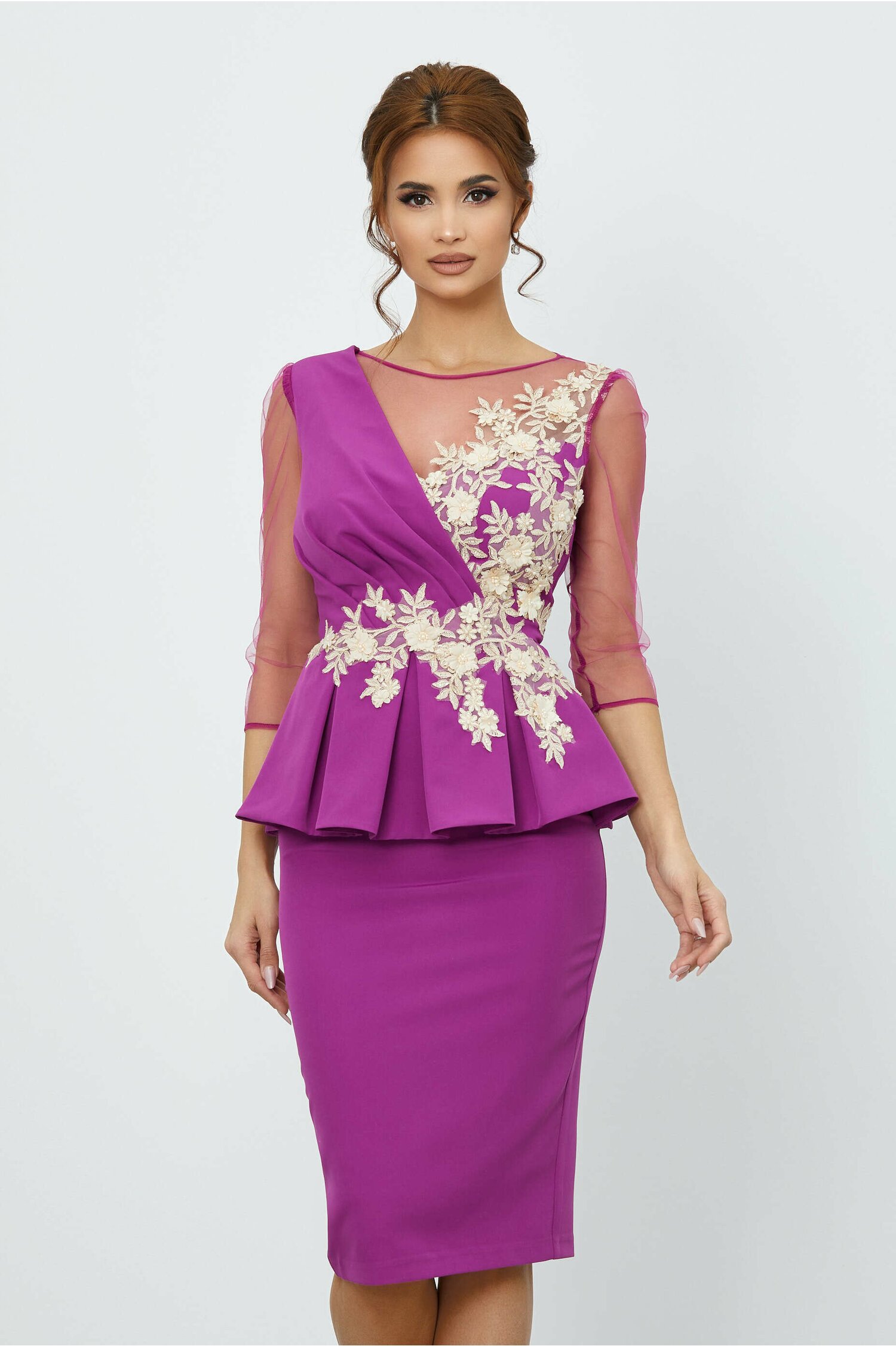 Rochie mbg violet cu broderie si peplum