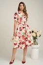 Rochie midi ivory din stofa in clos cu imprimeu floral roz si cordon in talie, 4, dyfashion.ro