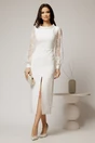 Rochie midi alba conica cu maneci din dantela si guler barcuta, 3, dyfashion.ro