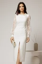 Rochie midi alba conica cu maneci din dantela si guler barcuta, 1, dyfashion.ro
