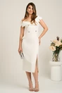 Rochie midi alba conica din voal satinat cu strasuri si nasturi- Leonard Collection, 1, dyfashion.ro