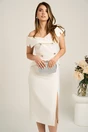 Rochie midi alba conica din voal satinat cu strasuri si nasturi- Leonard Collection, 2, dyfashion.ro