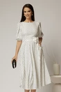 Rochie midi alba cu buline si cordon detasabil in talie, 1, dyfashion.ro