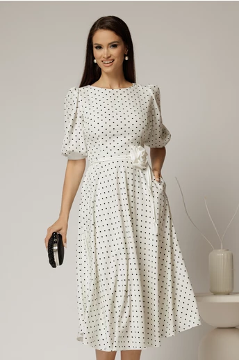 Rochie midi alba cu buline si cordon detasabil in talie