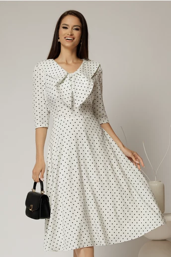 Rochie midi alba cu buline si guler amplu croi clos