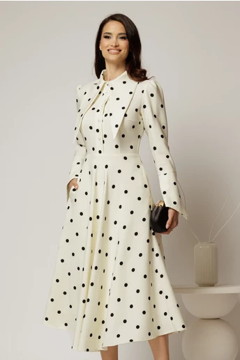 Rochie midi alba cu buline si guler ascutit