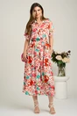 Rochie midi alba cu flori corai din viscoza in clini cu nasturi si cordon in talie, 1, dyfashion.ro