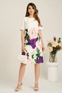 Rochie midi alba cu flori mov din stofa cu croi drept, 4, dyfashion.ro