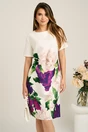 Rochie midi alba cu flori mov din stofa cu croi drept, 1, dyfashion.ro