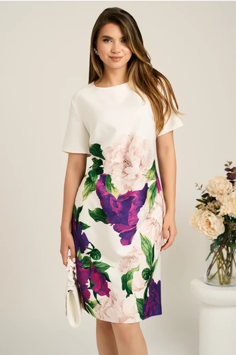 Rochie midi alba cu flori mov din stofa cu croi drept