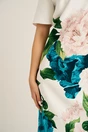 Rochie midi alba cu flori turcoaz din stofa cu croi drept, 3, dyfashion.ro