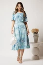 Rochie midi alba cu imprimeu albastru din viscoza in clos cu pliuri pe bust, 3, dyfashion.ro