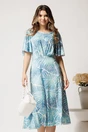 Rochie midi alba cu imprimeu albastru din viscoza in clos cu pliuri pe bust, 1, dyfashion.ro