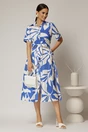 Rochie midi alba cu imprimeu albastru tip camasa din poplin cu cordon in talie, 3, dyfashion.ro