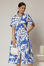 Rochie midi alba cu imprimeu albastru tip camasa din poplin cu cordon in talie, 1, dyfashion.ro