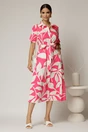 Rochie midi alba cu imprimeu fucsia tip camasa din poplin cu cordon in talie, 3, dyfashion.ro
