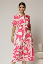 Rochie midi alba cu imprimeu fucsia tip camasa din poplin cu cordon in talie, 1, dyfashion.ro