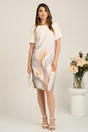 Rochie midi alba cu imprimeu gri si flori maro din stofa cu croi drept, 4, dyfashion.ro