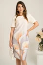 Rochie midi alba cu imprimeu gri si flori maro din stofa cu croi drept, 1, dyfashion.ro