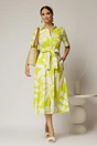 Rochie midi alba cu imprimeu verde neon tip camasa din poplin cu cordon in talie, 3, dyfashion.ro
