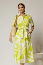 Rochie midi alba cu imprimeu verde neon tip camasa din poplin cu cordon in talie, 1, dyfashion.ro