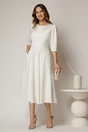 Rochie midi alba de ocazie cu nasturi pe bust si guler cu broderie si margele, 3, dyfashion.ro
