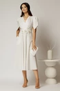 Rochie midi alba de ocazie cu pliuri pe bust si cordon detasabi cu flori, 3, dyfashion.ro
