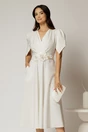 Rochie midi alba de ocazie cu pliuri pe bust si cordon detasabi cu flori, 1, dyfashion.ro