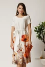 Rochie midi alba din satin cu imprimeu floral la baza si cordon in talie, 1, dyfashion.ro