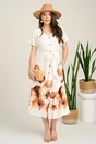 Rochie midi alba din satin cu imprimeuri florale maro la baza si cordon in talie, 4, dyfashion.ro