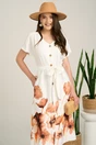 Rochie midi alba din satin cu imprimeuri florale maro la baza si cordon in talie, 1, dyfashion.ro