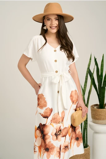Rochie midi alba din satin cu imprimeuri florale maro la baza si cordon in talie