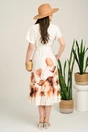 Rochie midi alba din satin cu imprimeuri florale maro la baza si cordon in talie, 2, dyfashion.ro