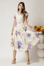 Rochie midi alba din viscoza cu flori mov in clos cu maneci scurte, 3, dyfashion.ro