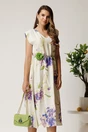 Rochie midi alba din viscoza cu imprimeuri mov in clos cu floare in talie, 1, dyfashion.ro