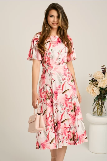 Rochie midi alba din viscoza in clos cu flori fucsia