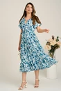 Rochie midi alba din viscoza in clos cu trandafiri turcoaz si cordon in talie, 4, dyfashion.ro