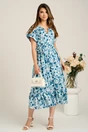 Rochie midi alba din viscoza in clos cu trandafiri turcoaz si cordon in talie, 1, dyfashion.ro