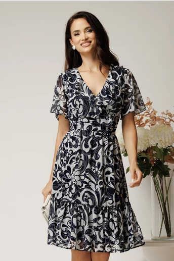 Rochie midi alba din voal cu imprimeu bleumarin si volane