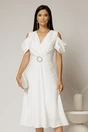 Rochie midi alba din voal in clos cu decupaje la umeri si cordon in talie, 1, dyfashion.ro