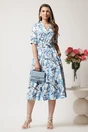 Rochie midi alba in clos cu imprimeu bleu si cordon in talie, 3, dyfashion.ro