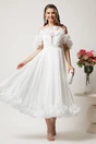 Rochie midi alba in clos din voal satinat cu volanase la bust si la baza, 3, dyfashion.ro