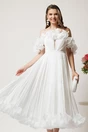 Rochie midi alba in clos din voal satinat cu volanase la bust si la baza, 1, dyfashion.ro