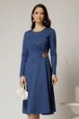 Rochie midi albastra clos cu accesoriu auriu in talie si pliuri, 1, dyfashion.ro