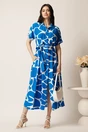 Rochie midi albastra cu alb din viscoza in clini cu nasturi si cordon in talie, 2, dyfashion.ro