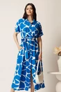 Rochie midi albastra cu alb din viscoza in clini cu nasturi si cordon in talie, 1, dyfashion.ro