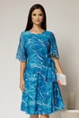 Rochie midi albastra cu imprimeu abstract alb si detaliu tip cordon in talie, 1, dyfashion.ro