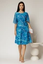 Rochie midi albastra cu imprimeu abstract alb si detaliu tip cordon in talie, 3, dyfashion.ro